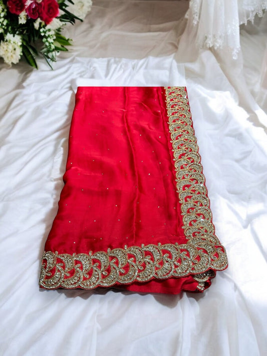Red Color Designer Handwork Saree With Stones , Indian Cultural Wear for Women - Saree Ghor Charlotte