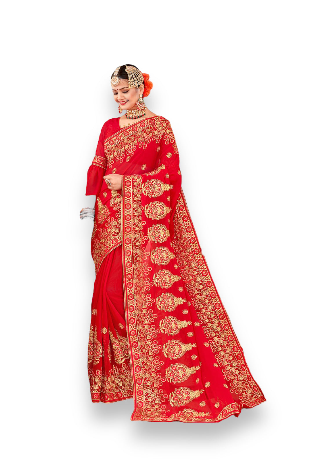 Red Georgette Heavy Embroidery Work Saree- Traditional Clothing for Women - Saree Ghor Charlotte