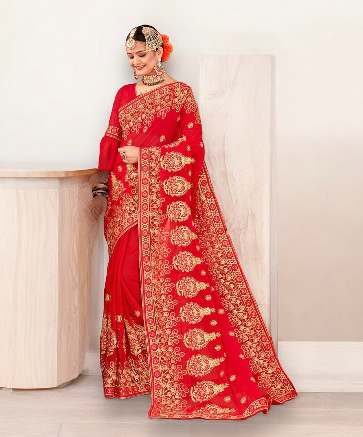 Red Georgette Heavy Embroidery Work Saree- Traditional Clothing for Women - Saree Ghor Charlotte