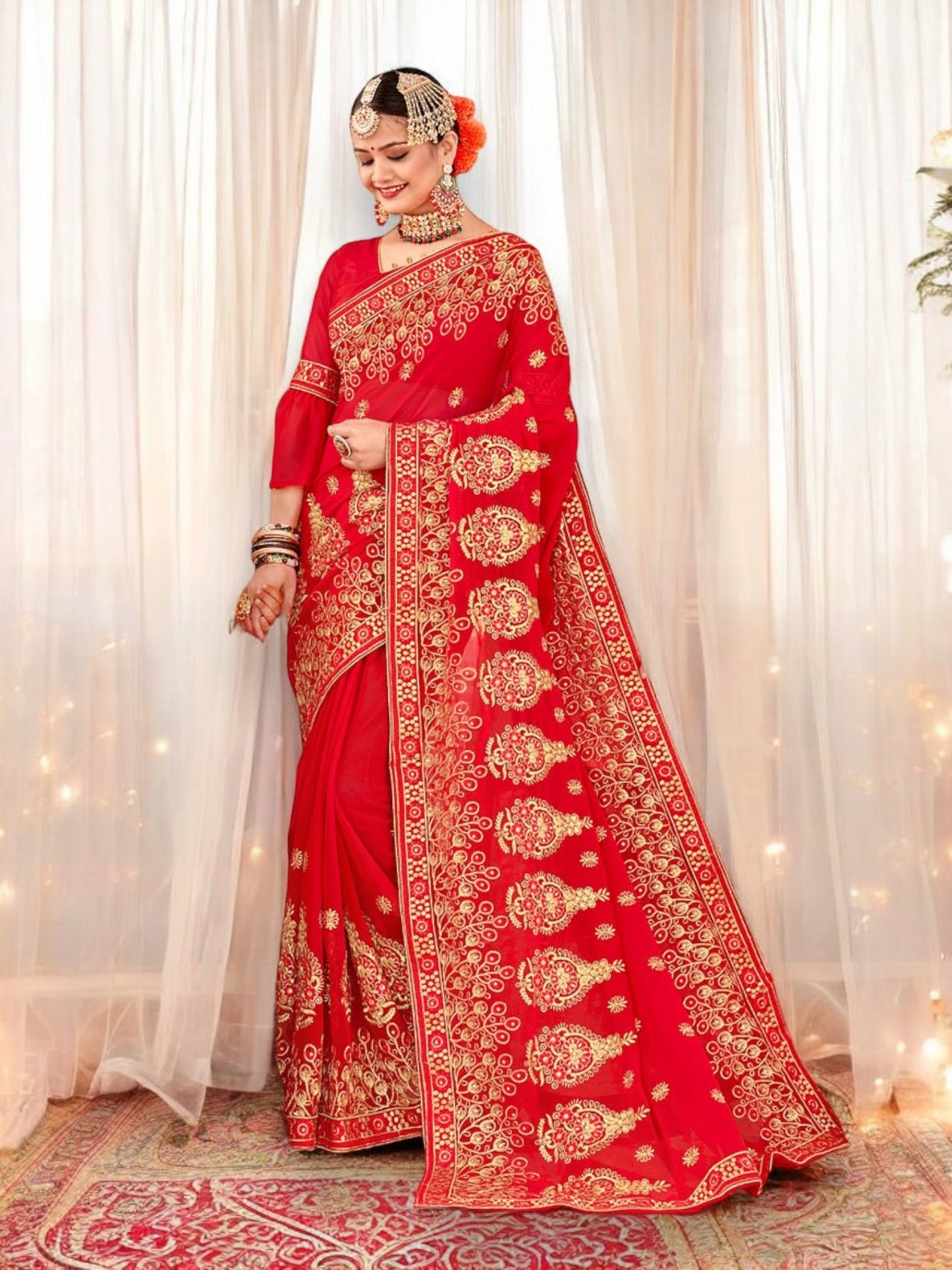 Red Georgette Heavy Embroidery Work Saree- Traditional Clothing for Women - Saree Ghor Charlotte