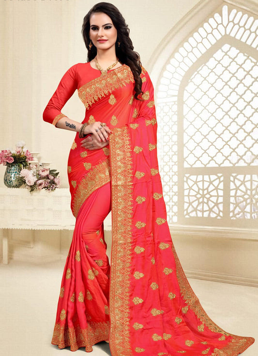 Sparkling Splendor: Pink Satin Silk Saree with Stone Work - Saree Ghor Charlotte