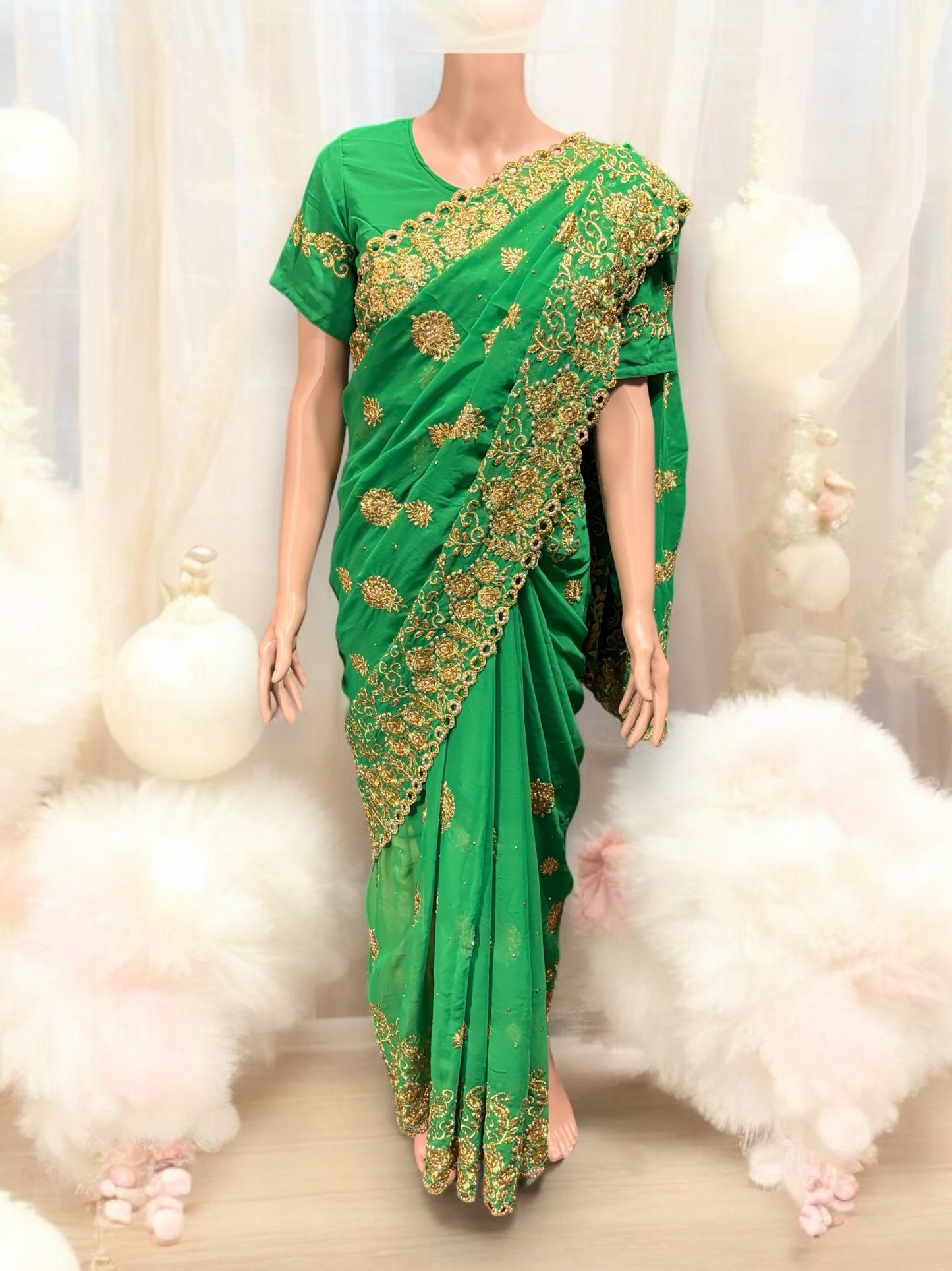 Traditional Designer Green Saree with Ready Blouse – Elegant Indian Ethnic Wear - Saree Ghor Charlotte