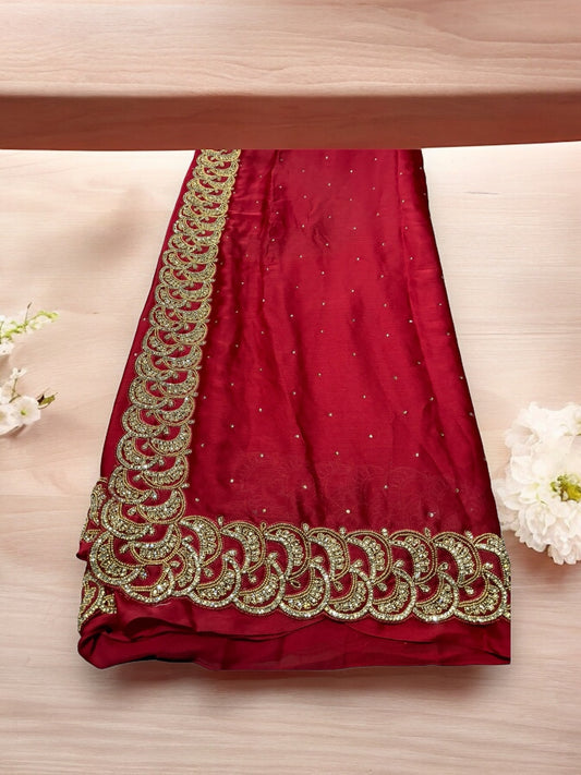 Wine Red, Designer Handwork Saree With Stones, Indian Cultural Wear for Women - Saree Ghor Charlotte