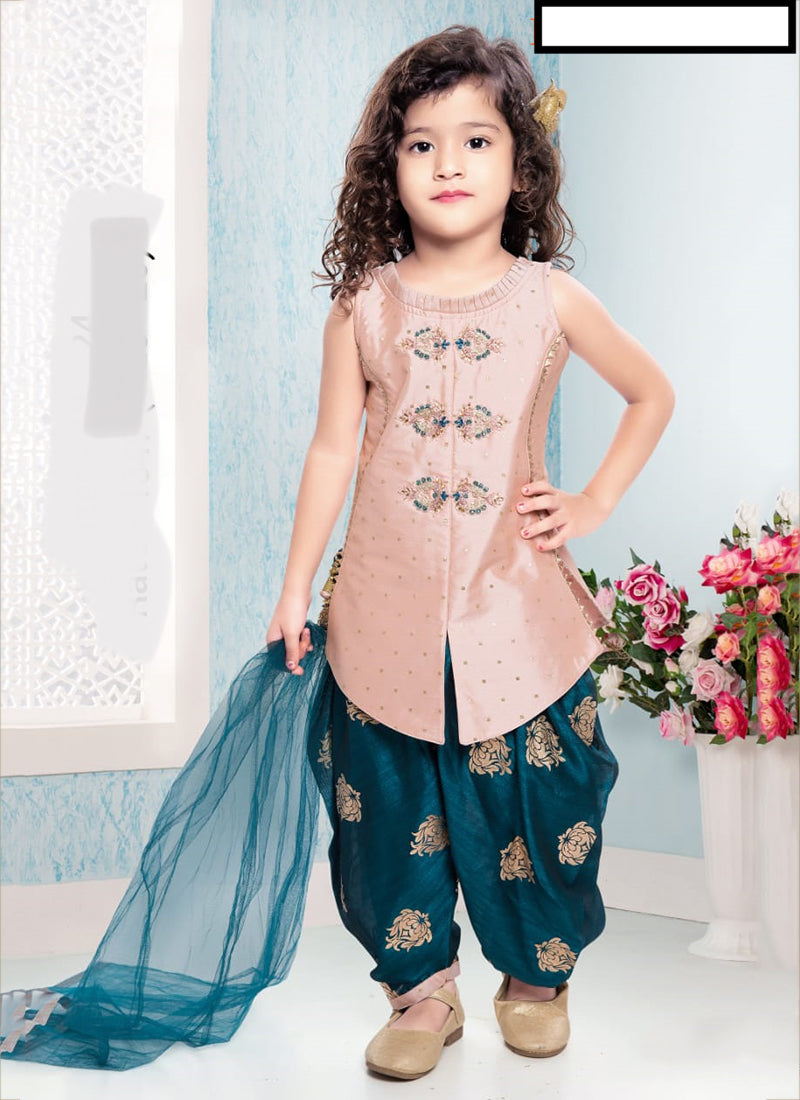 Radiant Rose Gold: Girls' Traditional Panjabi Style Patiyala Suit, Cultural Wear for Kids - Saree Ghor Charlotte