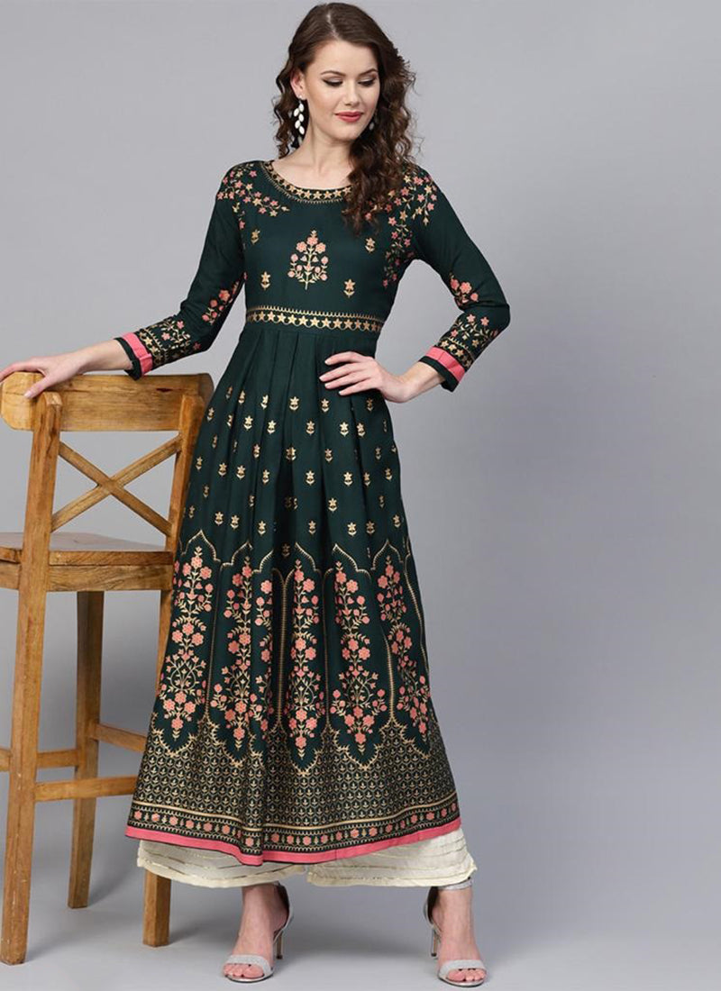 Rama Delight: Traditional Cotton Embroidery Work Kurti for Effortless Style- Ethnic Wear for Women - Saree Ghor Charlotte