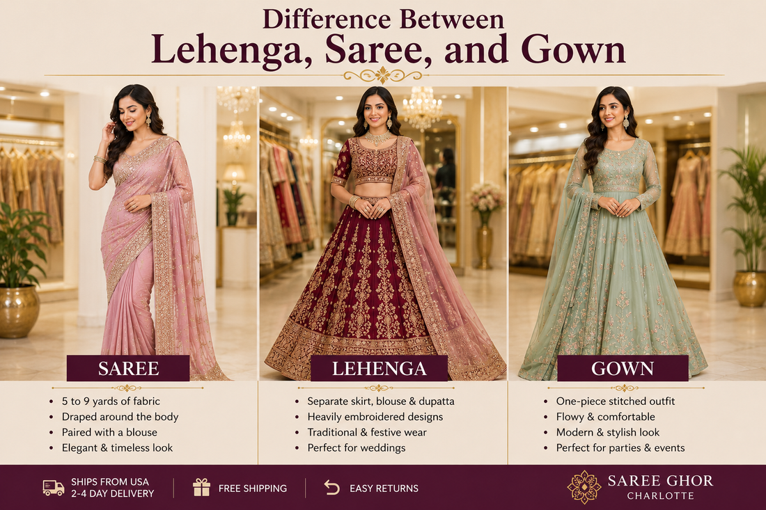 Difference Between Lehenga, Saree, and Gown