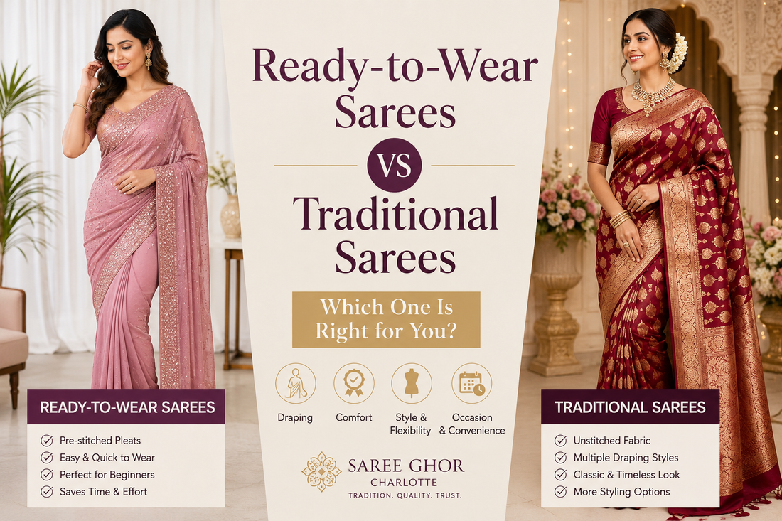 create an image to add with the blog for : Ready-to-Wear Sarees vs Traditional Sarees: Which One Is Right for You?