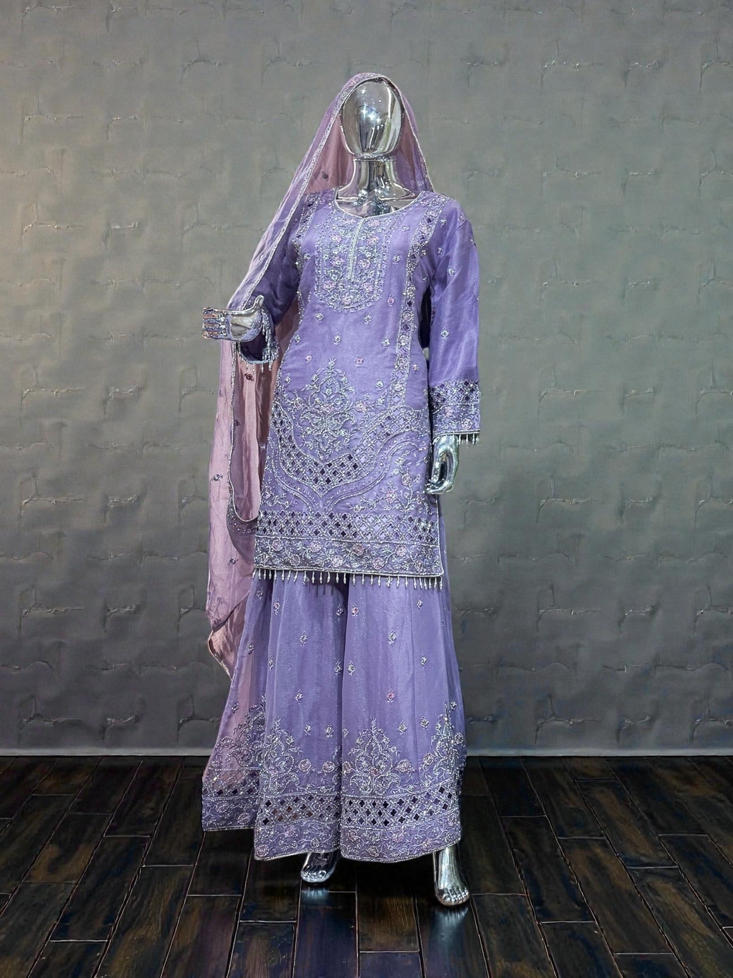 Shimar Russian plazo dress by Saree Ghor Charlotte, traditional women's salwar kameez with intricate embroidery and vibrant colors.