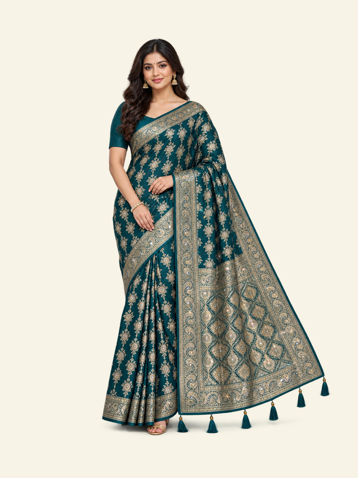 Banarasi saree with intricate gold embroidery and unstitched blouse by Saree Ghor Charlotte, traditional Indian cultural wear for women.