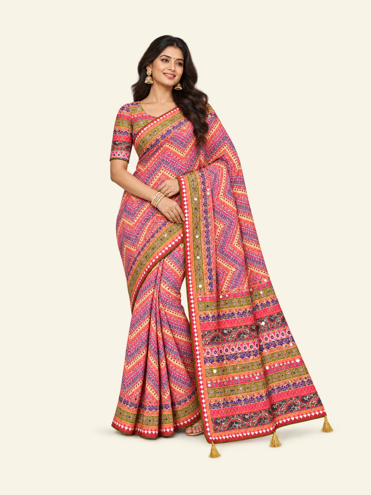 Soft Chinon Silk Saree with Ready Blouse, Cultural Wear for Women