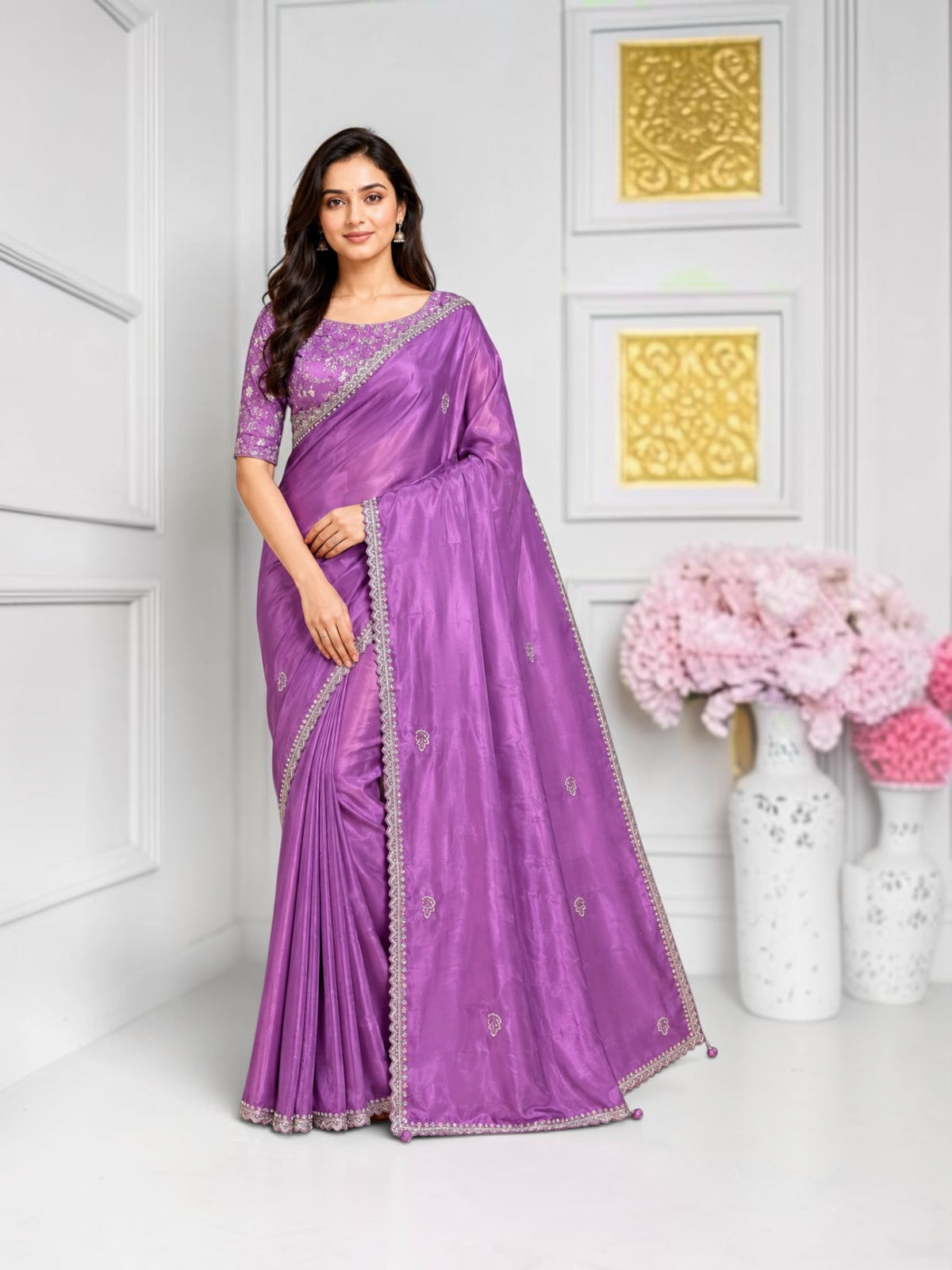 Elegant designer saree by Saree Ghor Charlotte with matching ready blouse, showcasing vibrant colors and intricate patterns for women.