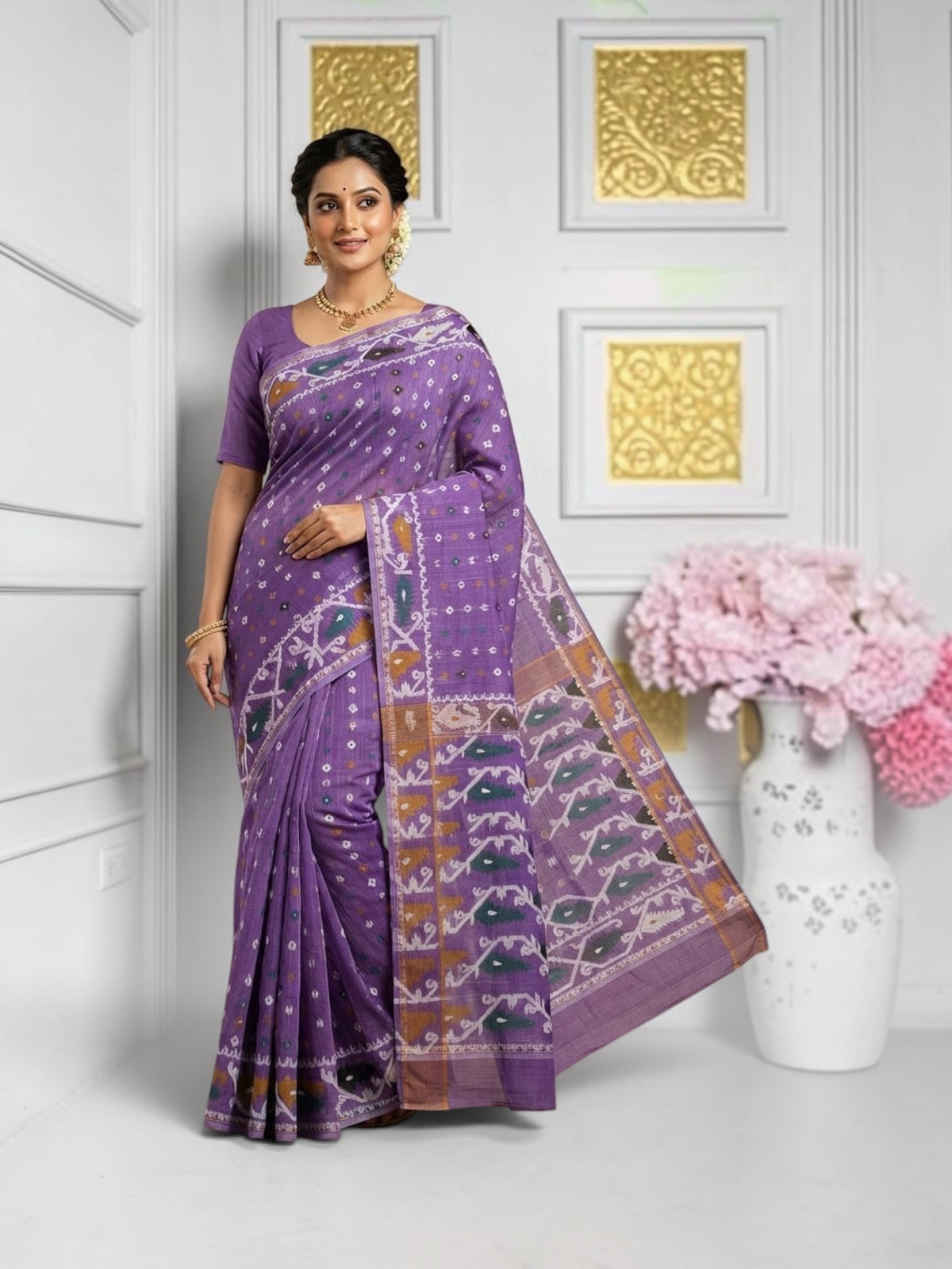 Traditional Dhakai Jamdani Saree from Saree Ghor Charlotte featuring intricate handwoven patterns for cultural wear.