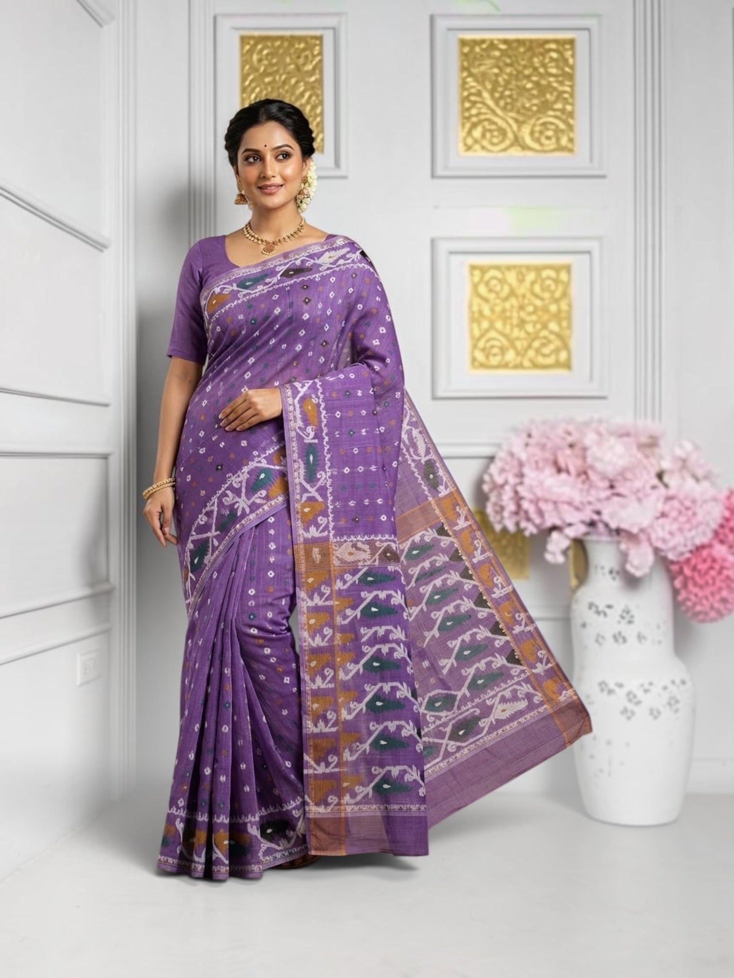 Traditional Dhakai Jamdani Saree from Saree Ghor Charlotte featuring intricate handwoven patterns for cultural wear.