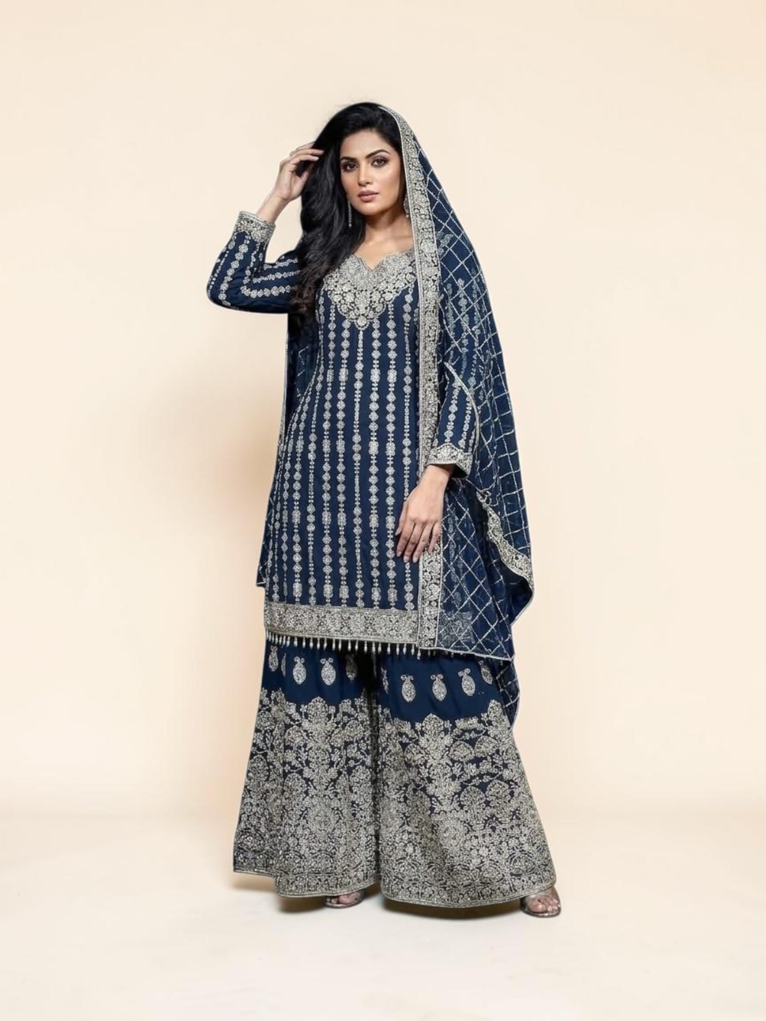 Star Georgette Russian Plazo Dress for women, stylish cultural salwar kameez with intricate design, by Saree Ghor Charlotte.