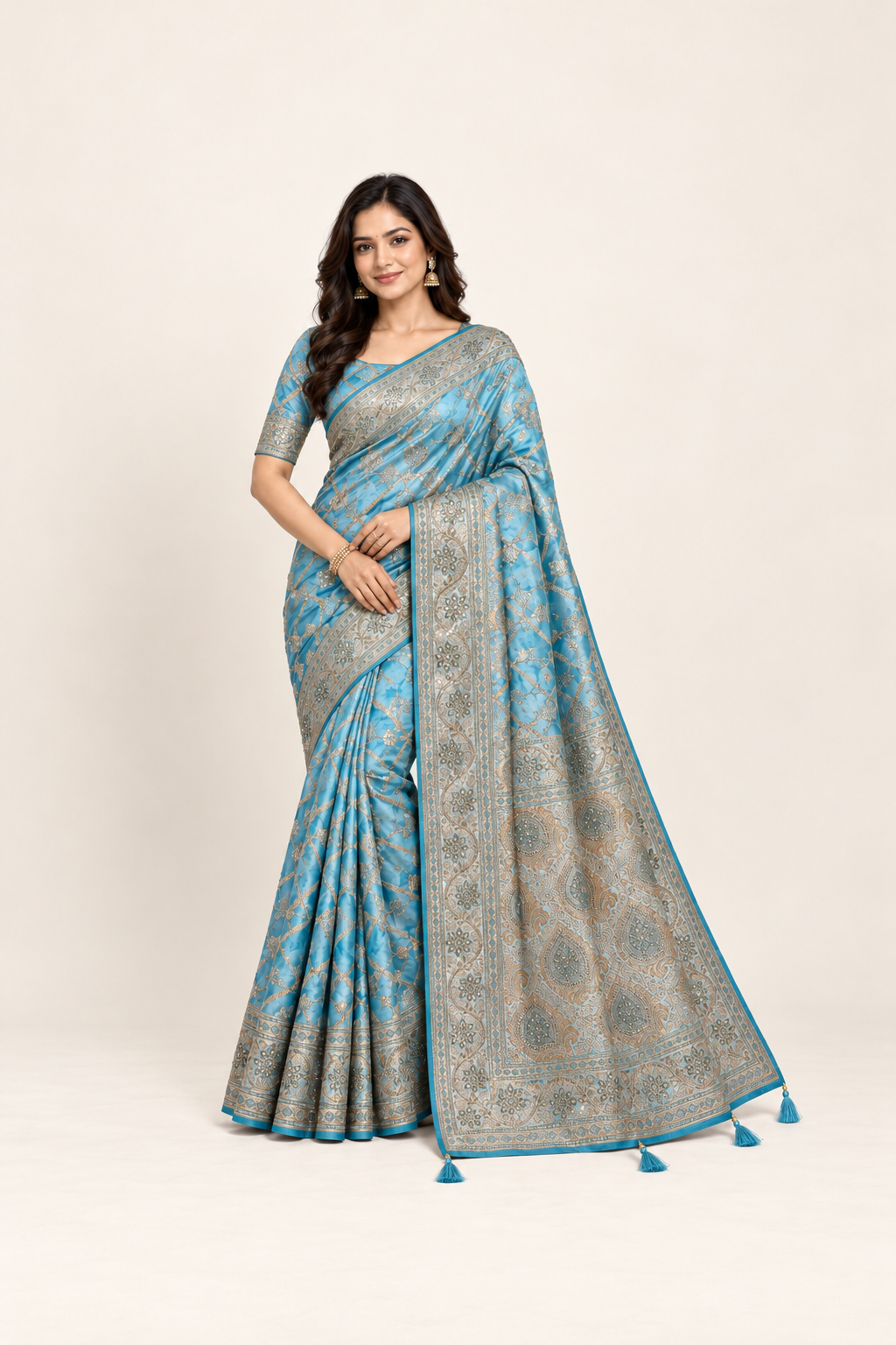 Elegant Banarasi saree with intricate gold zari work and unstitched blouse, traditional Indian cultural wear for women by Saree Ghor Charlotte.