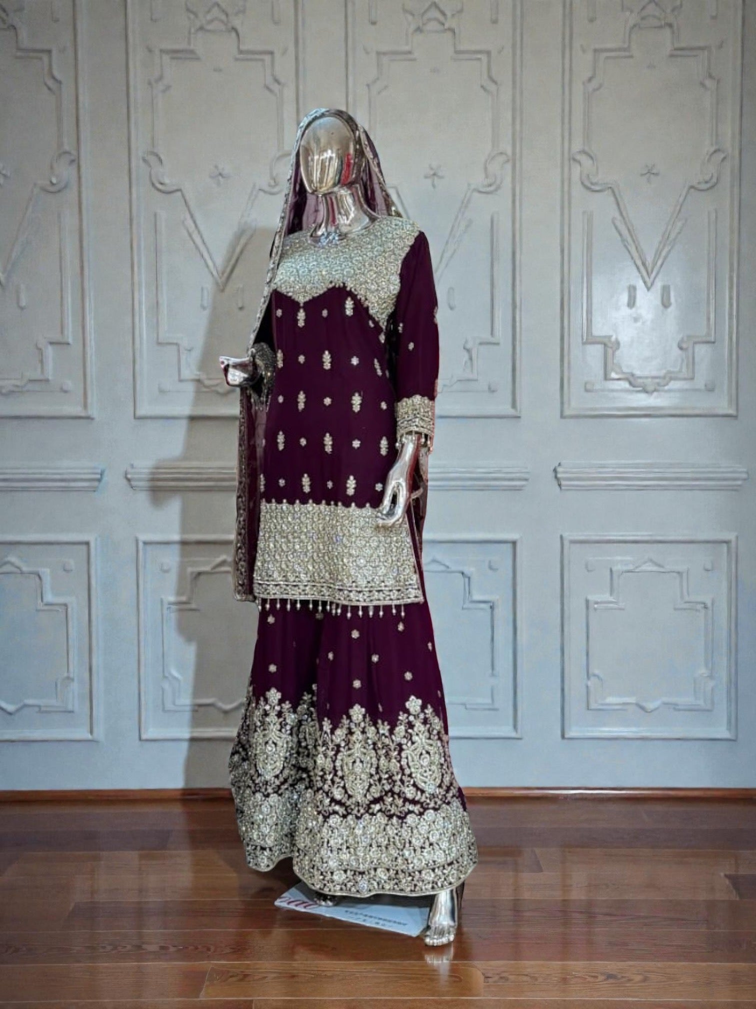 Blooming Georgette Russian Plazo Dress with Zari Work, Cultural Wear for Women