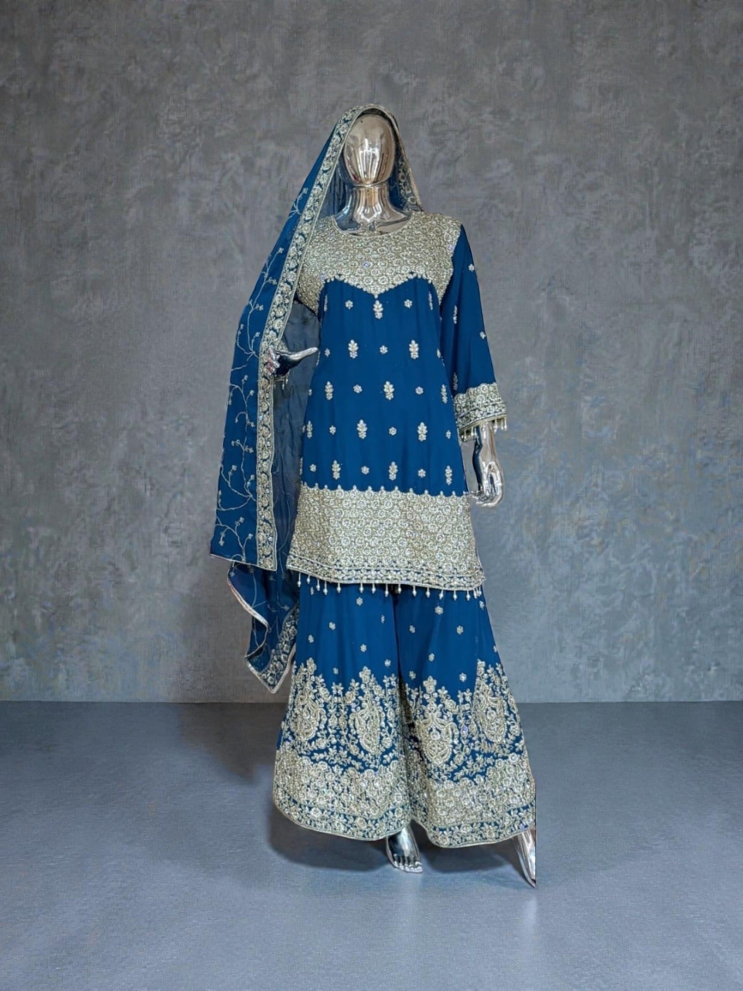 Indigo Blue Blooming Georgette Russian Plazo Dress with Zari Work, Cultural Wear for Women