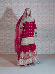 Rani Pink Blooming Georgette Russian Plazo Dress with Zari Work, Cultural Wear for Women