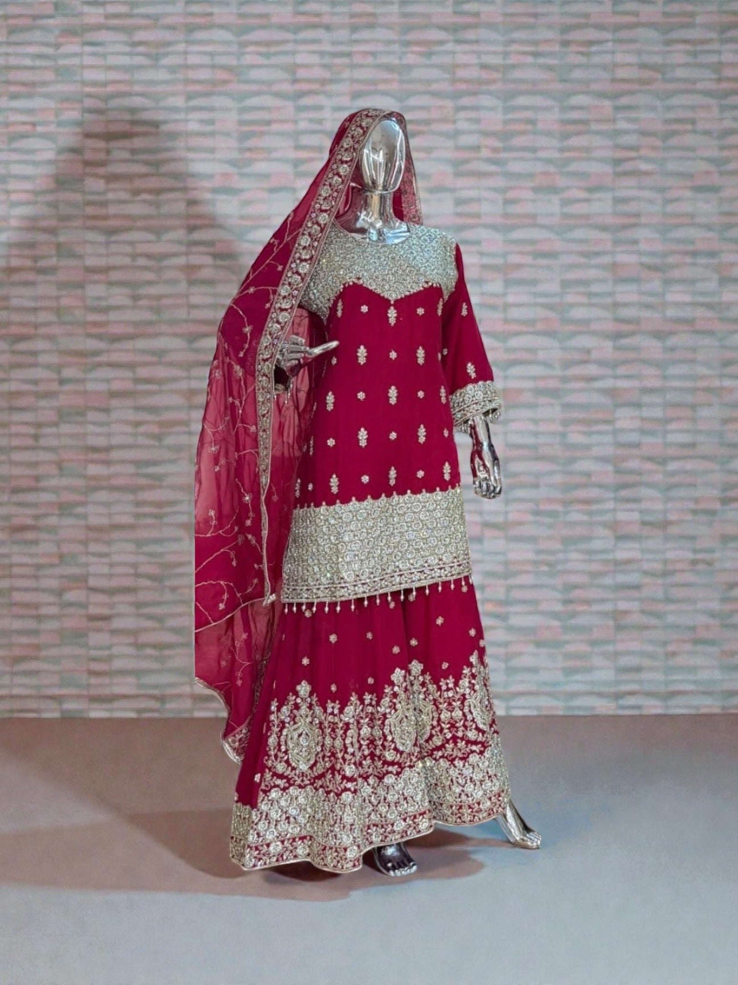 Rani Pink Blooming Georgette Russian Plazo Dress with Zari Work, Cultural Wear for Women