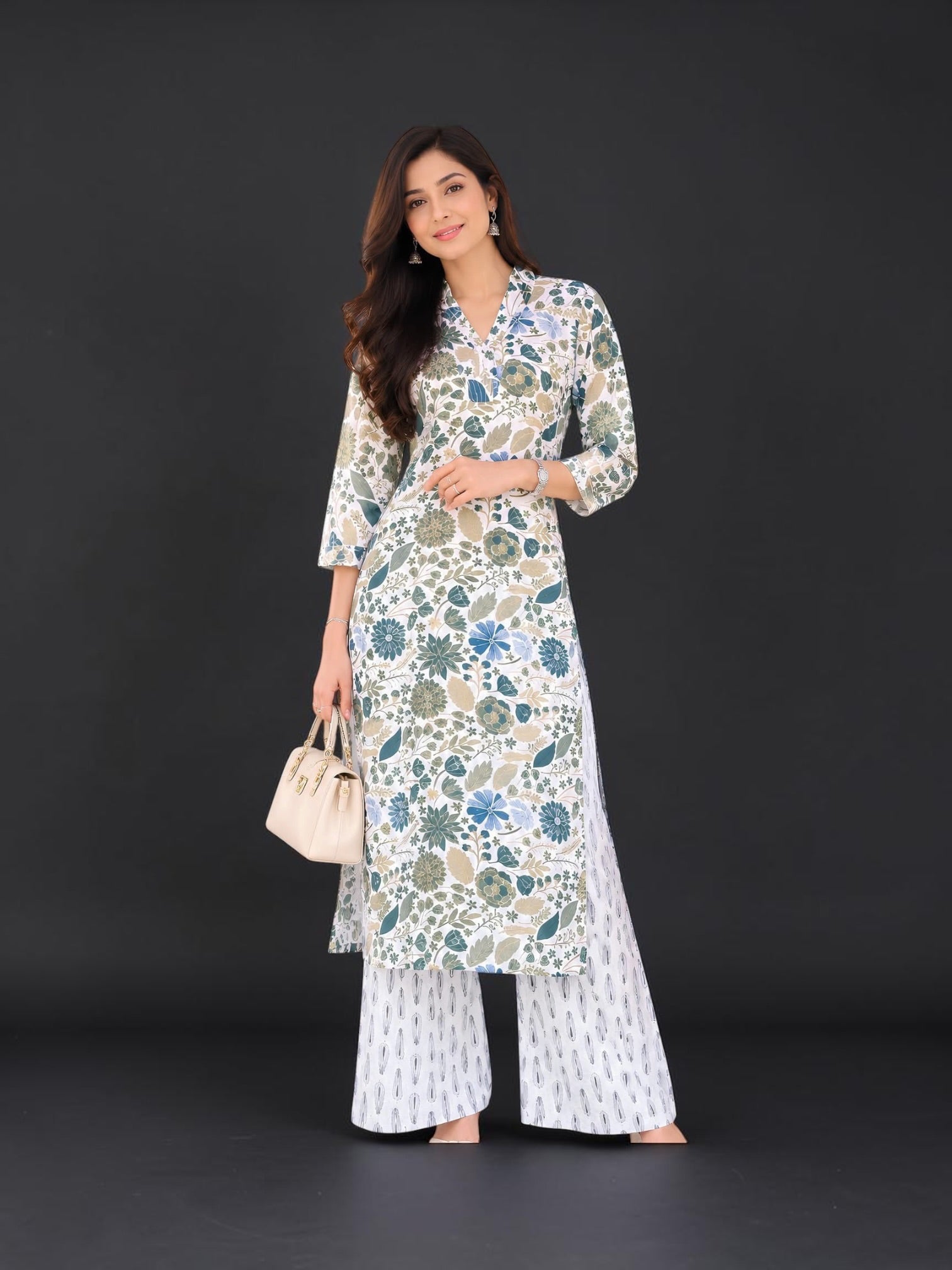 Traditional Saree Ghor Charlotte kurti set with vibrant salwar kameez for women, featuring intricate patterns and cultural style.