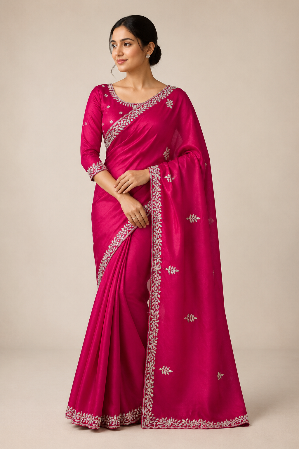 Elegant designer saree with intricate patterns paired with a ready blouse from Saree Ghor Charlotte for women.