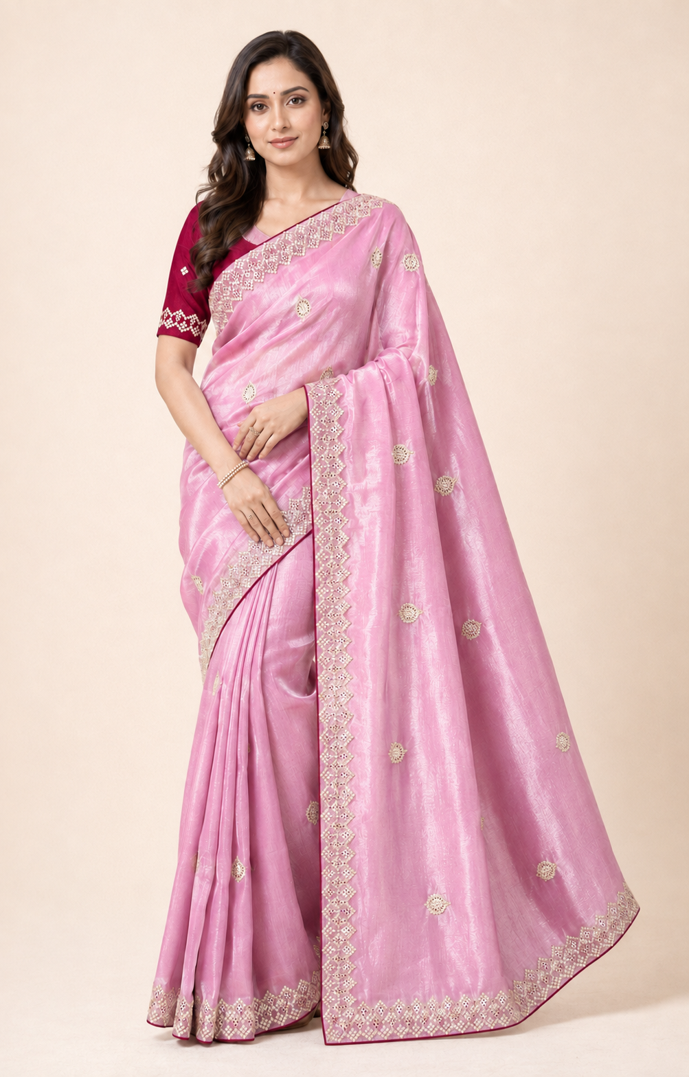 Elegant traditional saree for women by Saree Ghor Charlotte, showcasing intricate patterns and vibrant cultural design.