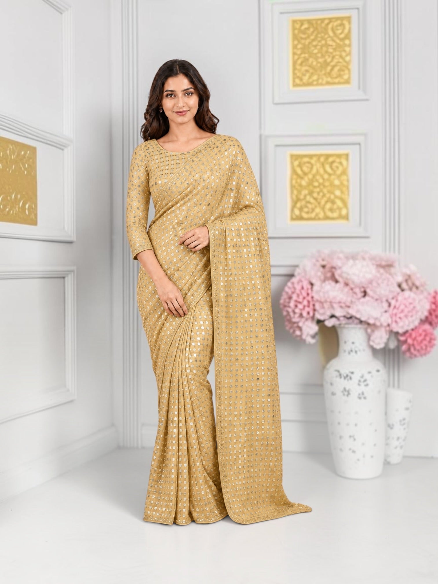Soft georgette saree with ready blouse from Saree Ghor Charlotte, showcasing elegant cultural women’s wear with intricate draping.