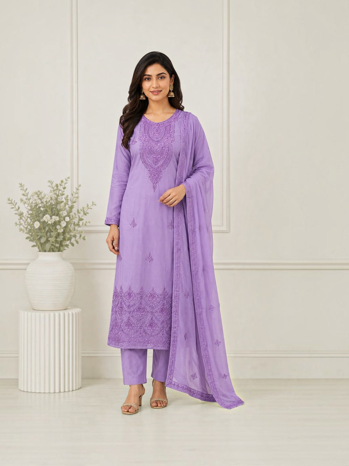 Traditional Embroidery work Cotton Long Sleeve Salwar Kameez Suit, Cultural Wear for Wome02