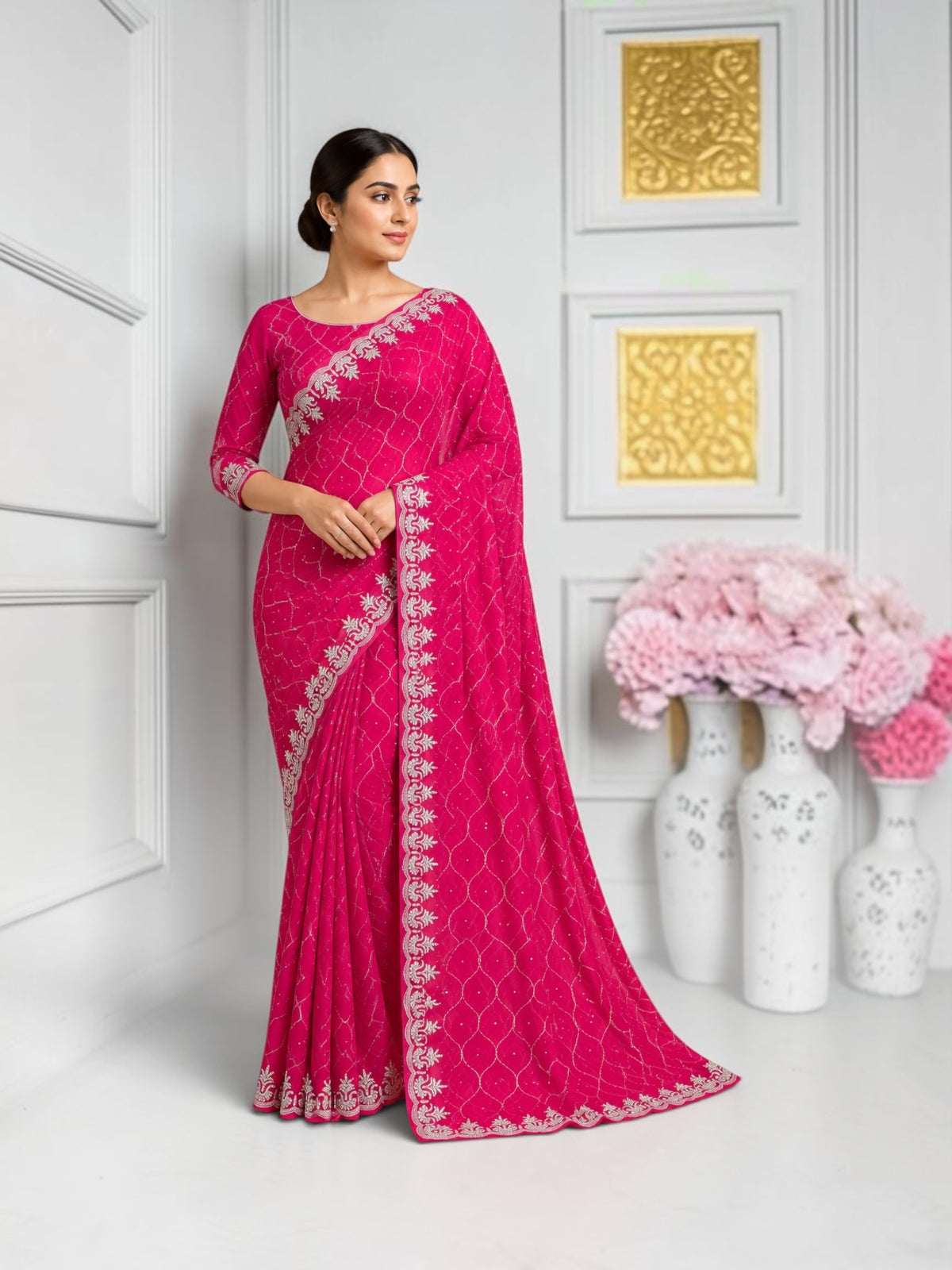 Elegant designer net saree with matching ready blouse by Saree Ghor Charlotte, cultural wear for women, detailed net fabric.