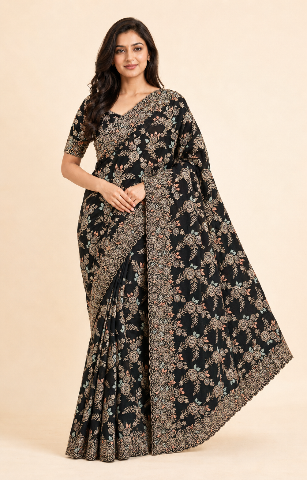 Elegant pink georgette saree with unstitched blouse for women, cultural wear by Saree Ghor Charlotte, showcasing intricate drape details.