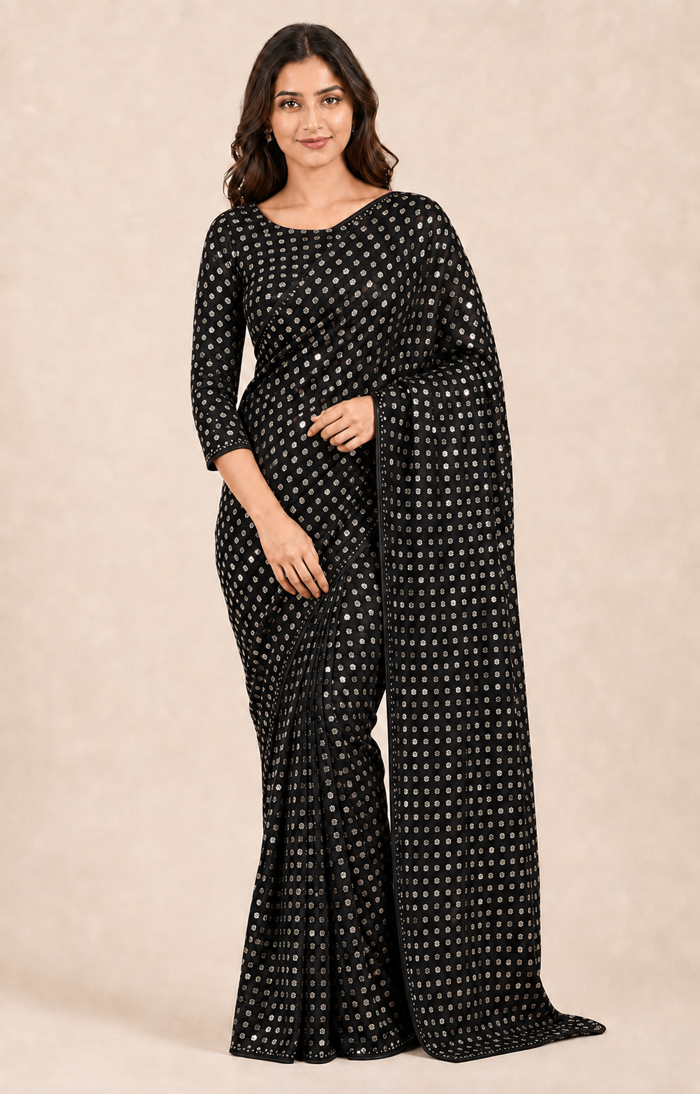 Soft georgette saree with ready blouse from Saree Ghor Charlotte, featuring elegant traditional cultural wear for women.