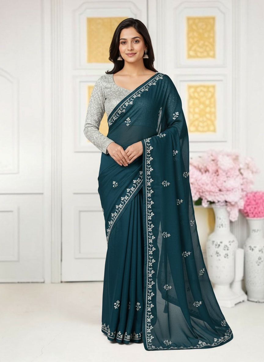 Elegant designer saree with matching ready blouse from Saree Ghor Charlotte, showcasing intricate patterns and vibrant fabric for women.