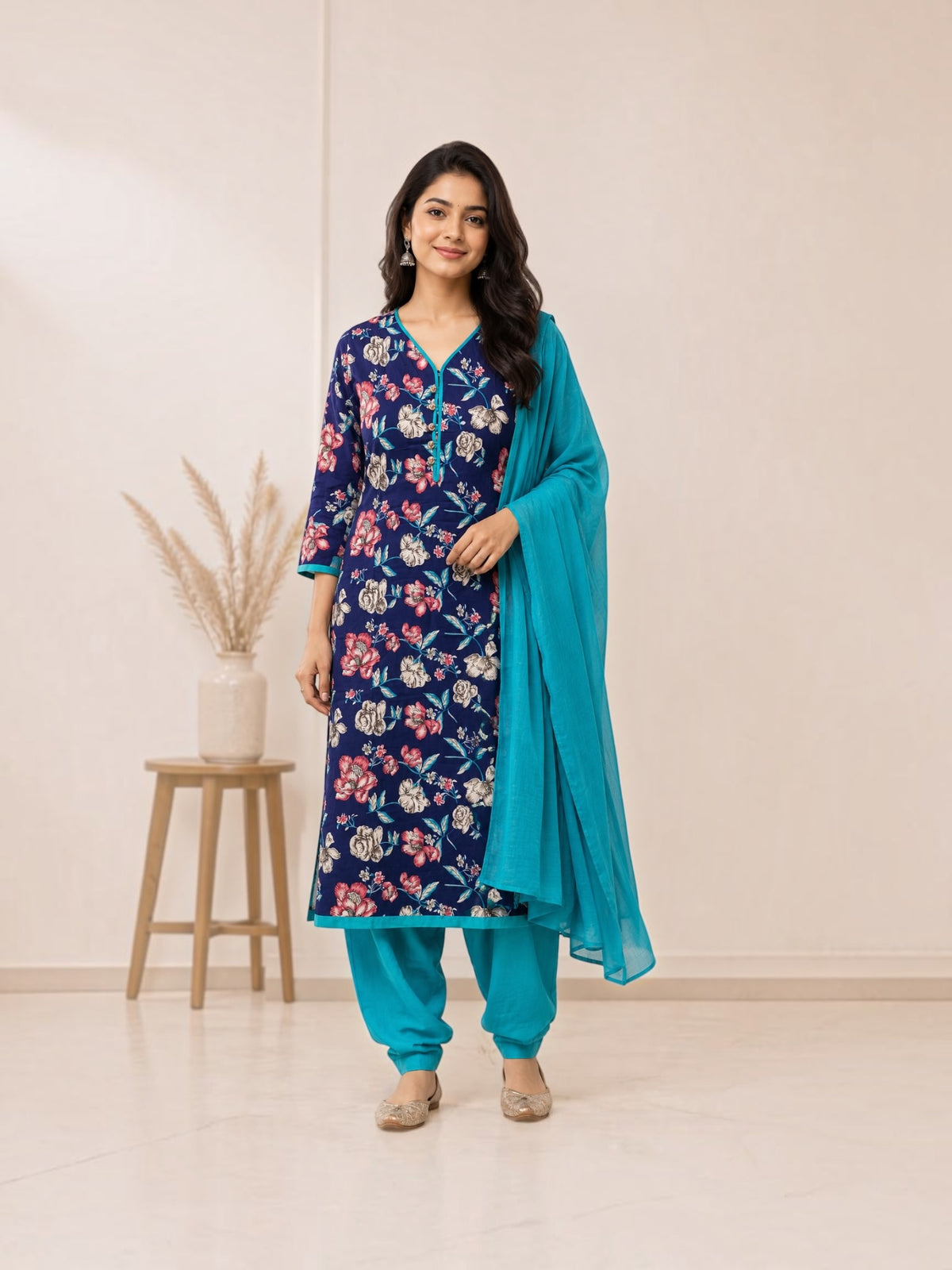 Traditional linen long sleeve salwar kameez for women, cultural wear by Saree Ghor Charlotte, with intricate embroidery and vibrant colors.