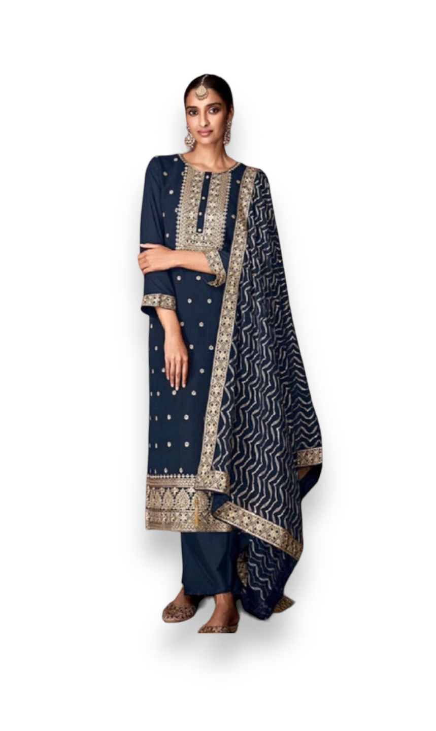 Navy Blue Faux Georgette Salwar Suit with Intricate Embroidery