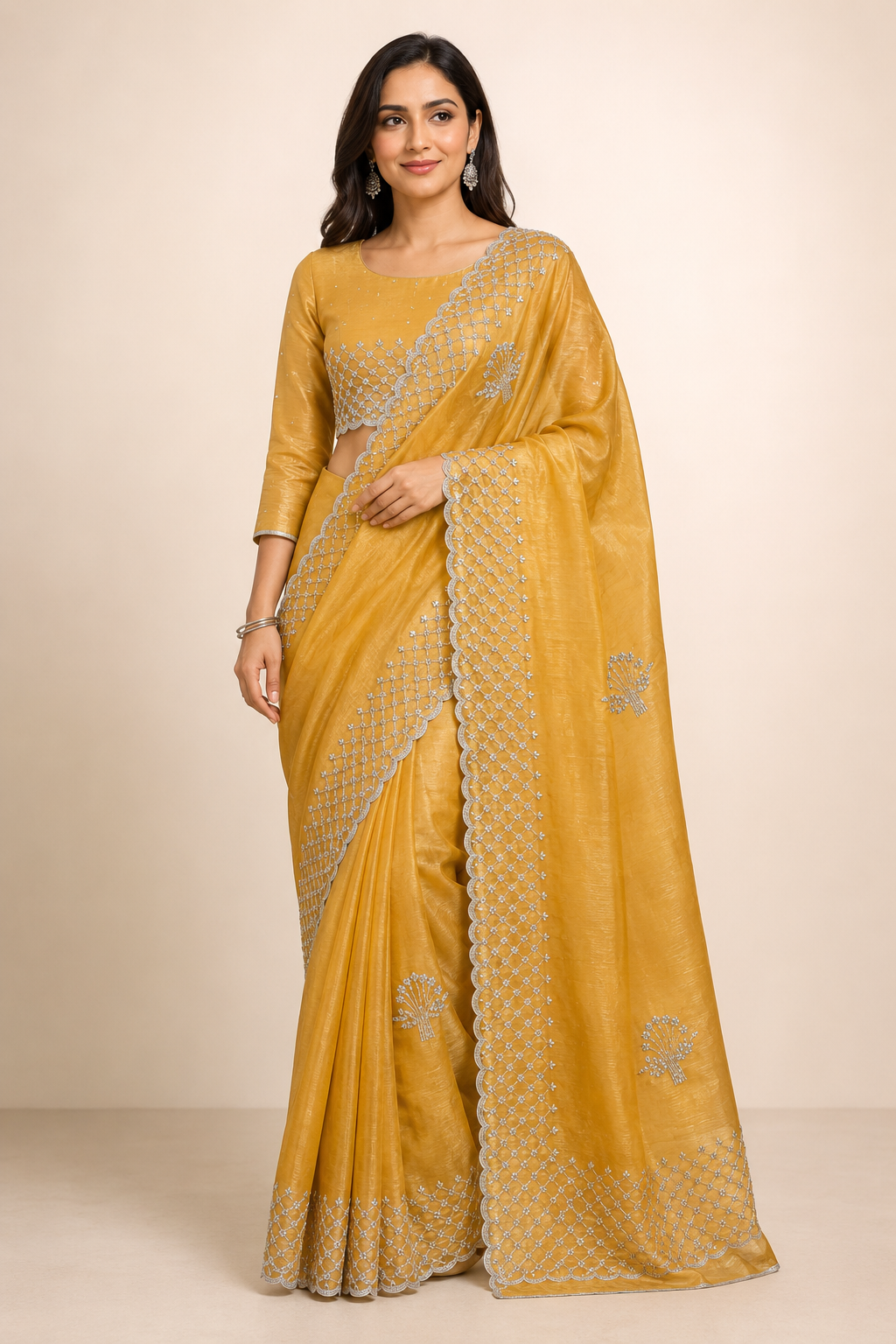 Elegant designer saree by Saree Ghor Charlotte with matching ready blouse, traditional cultural wear for women.