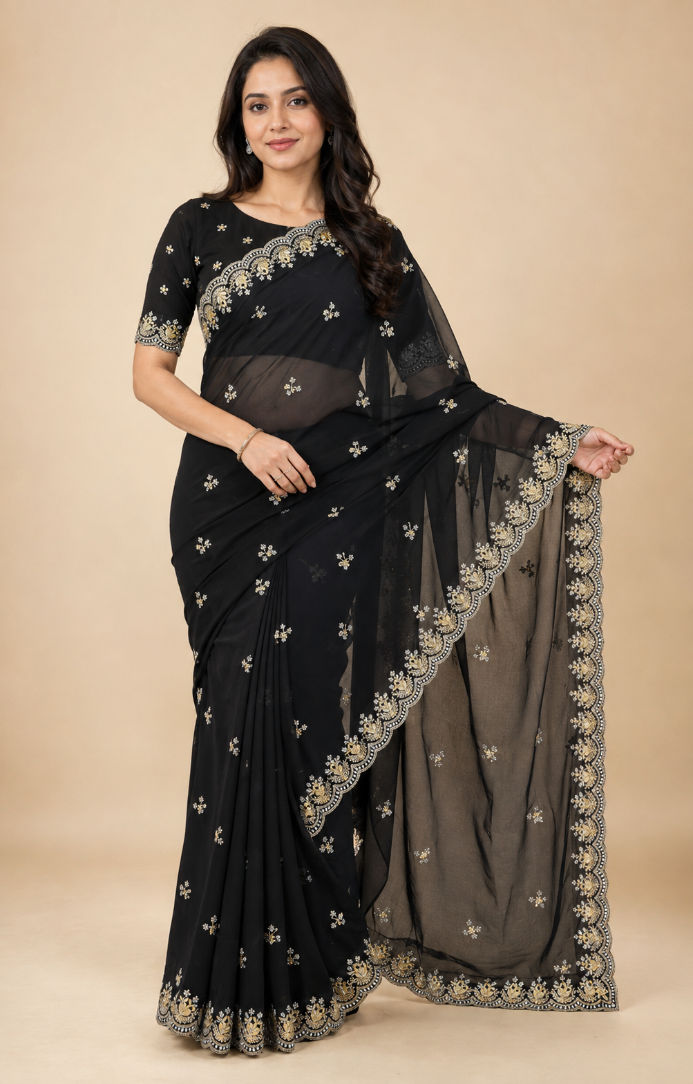 Elegant Georgette traditional saree by Saree Ghor Charlotte with intricate patterns, cultural wear for women displayed in the image.