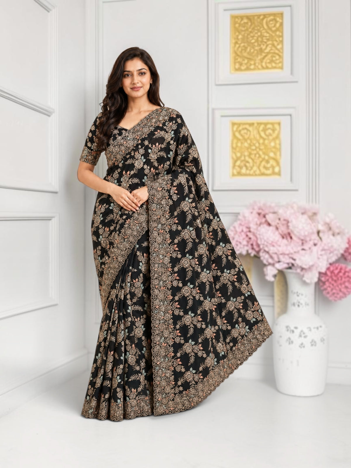 Elegant georgette saree with unstitched blouse for women, showcasing vibrant colors and intricate drape from Saree Ghor Charlotte.