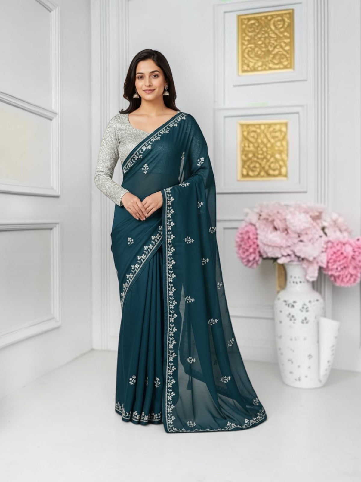 Elegant designer saree with ready blouse from Saree Ghor Charlotte, traditional cultural wear for women.