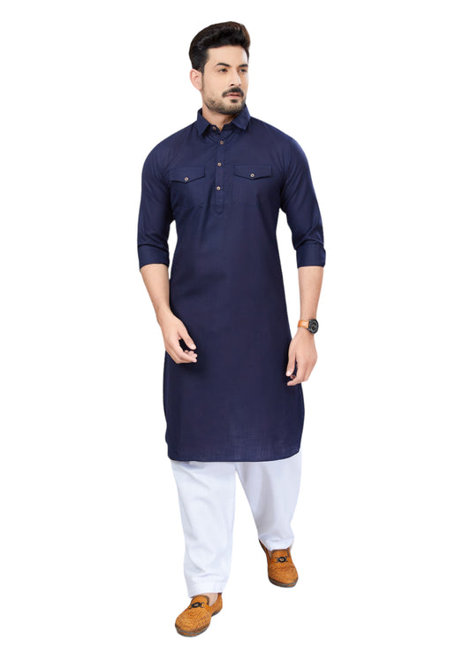 Traditional Navy Blue Pathani Cotton Kurta Pajama Outfit