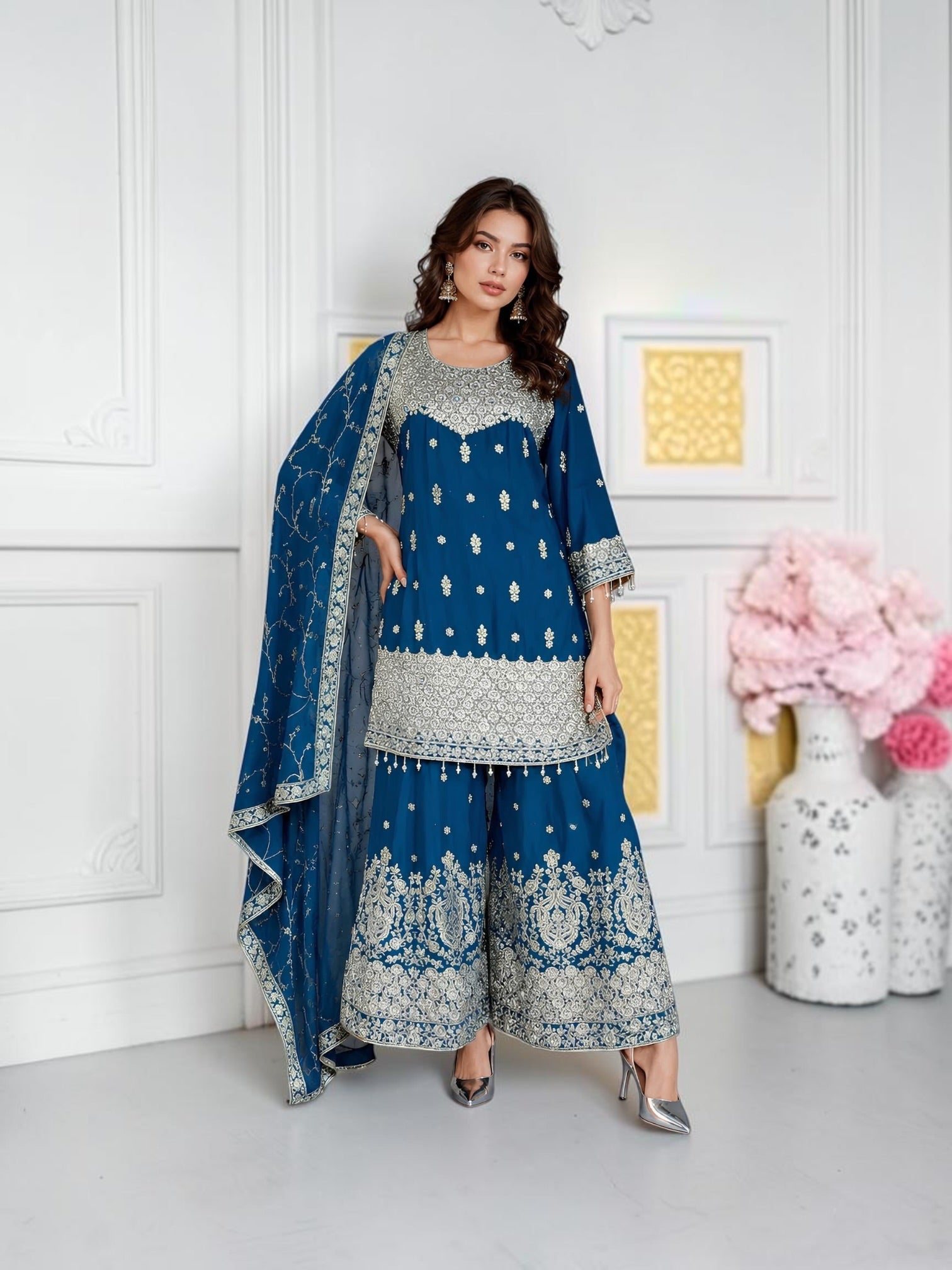 Indigo blue blooming georgette Russian plazo dress with zari work, cultural wear for women, featuring intricate embroidery and flowing fabric.