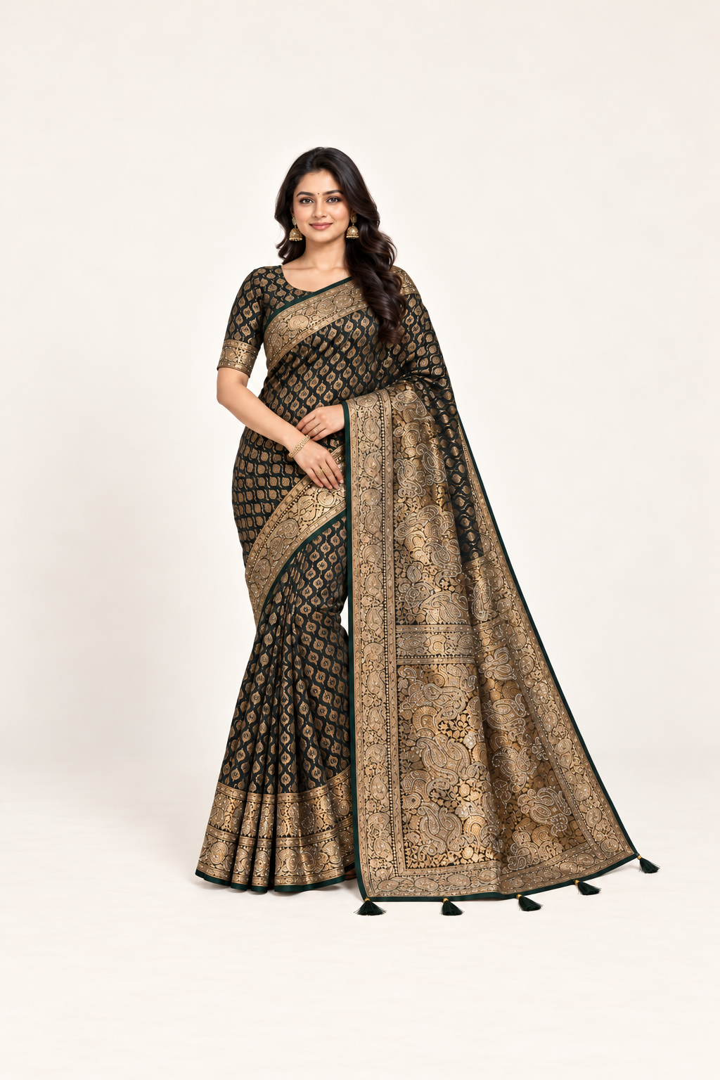 Satin soft Banarasi saree with intricate gold patterns and unstitched blouse, cultural wear for women by Saree Ghor Charlotte.