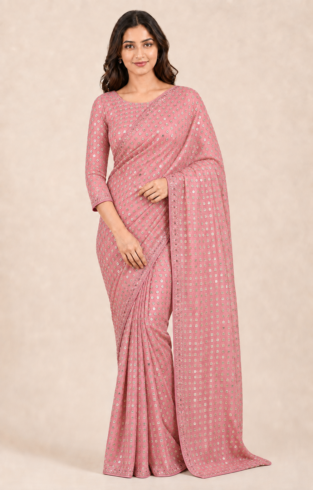 Soft georgette saree with matching ready blouse from Saree Ghor Charlotte, showcasing elegant drape and intricate design for women.