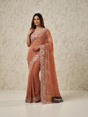 Gold Crush traditional saree from Saree Ghor Charlotte featuring intricate gold embroidery and vibrant cultural design for women.