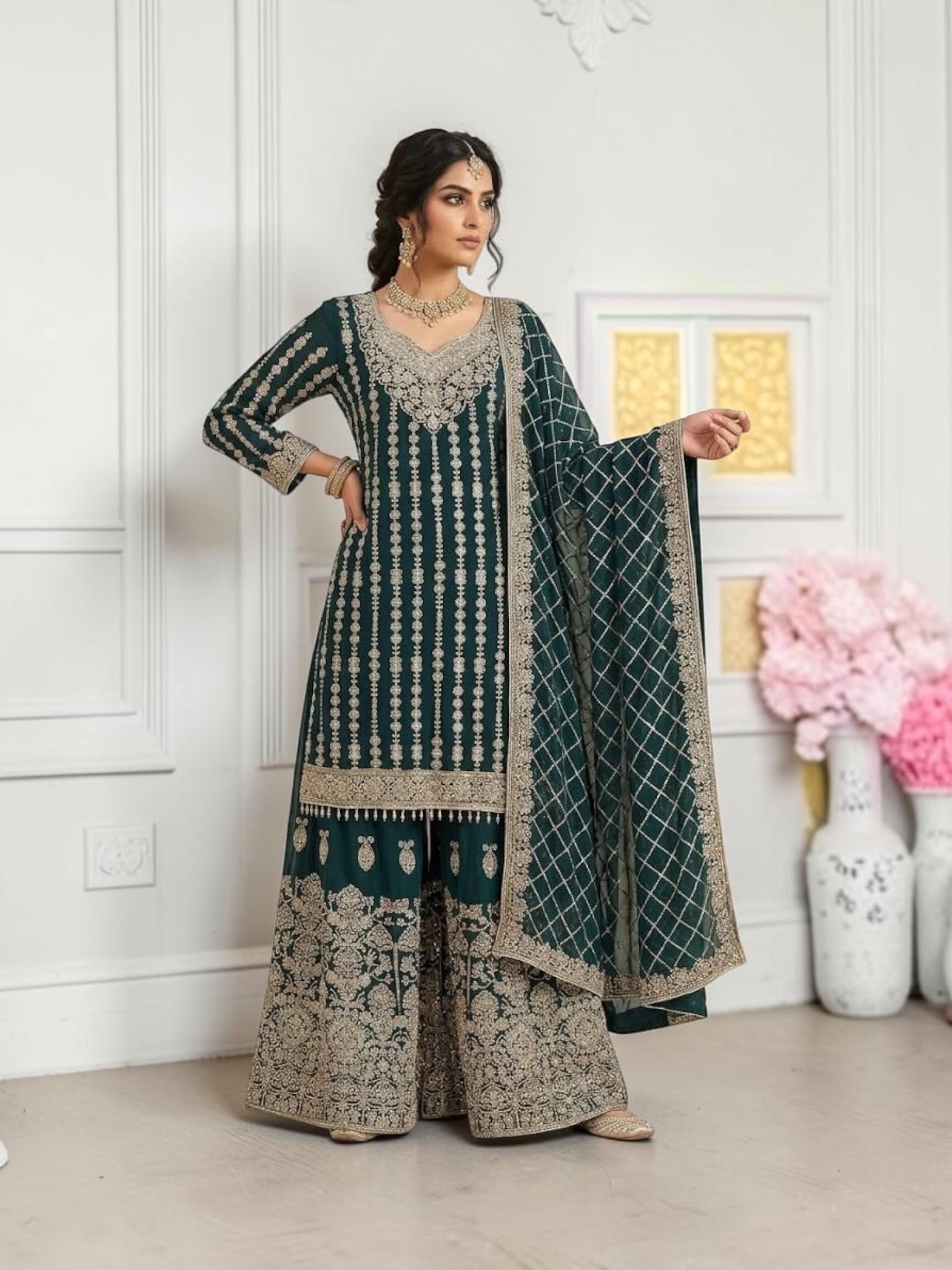 Star Georgette Russian Plazo Dress, cultural women's salwar kameez with intricate designs, from Saree Ghor Charlotte.