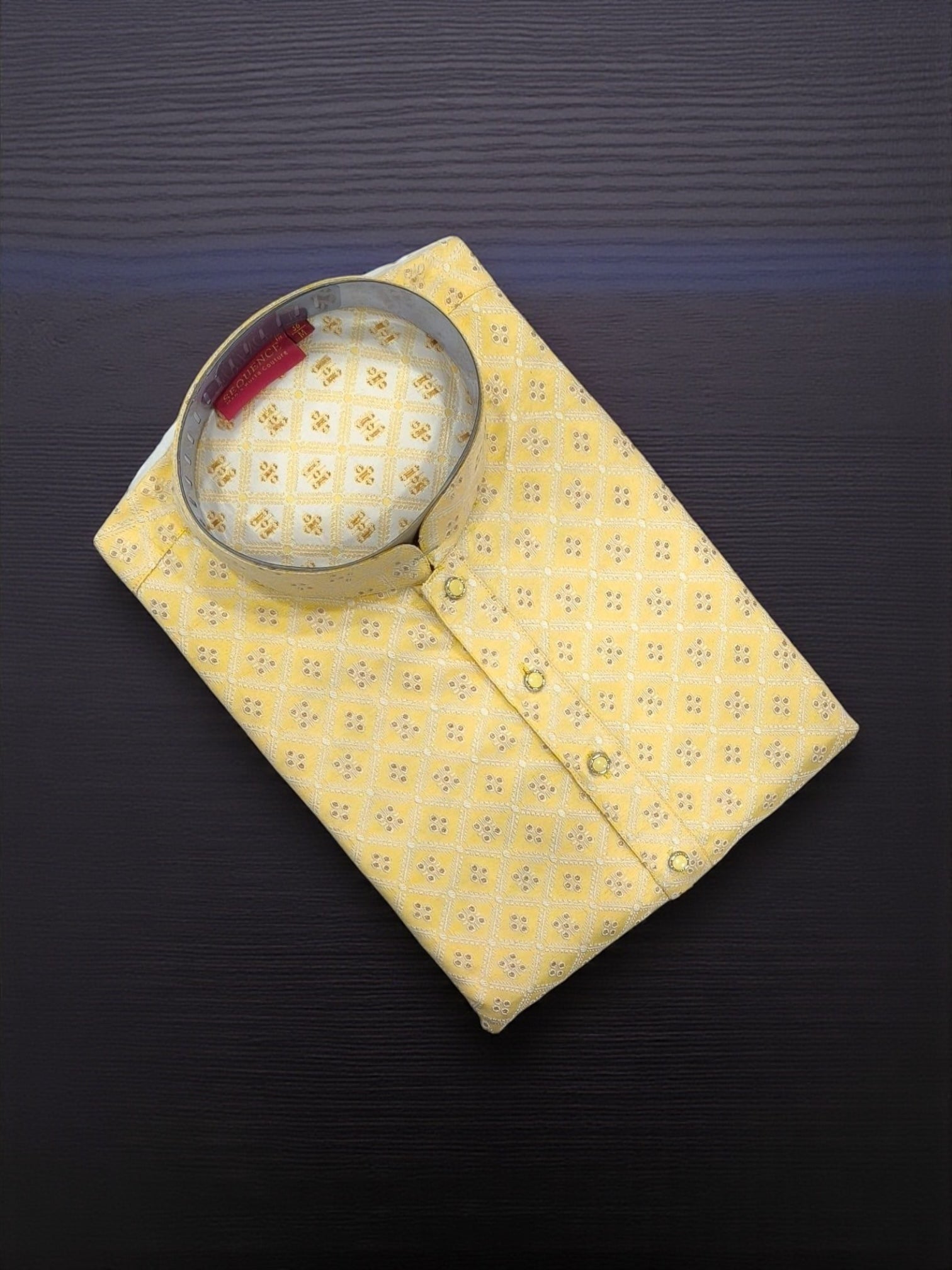 Yellow traditional men's kurta pajama set by Saree Ghor Charlotte, featuring a classic design for cultural wear.