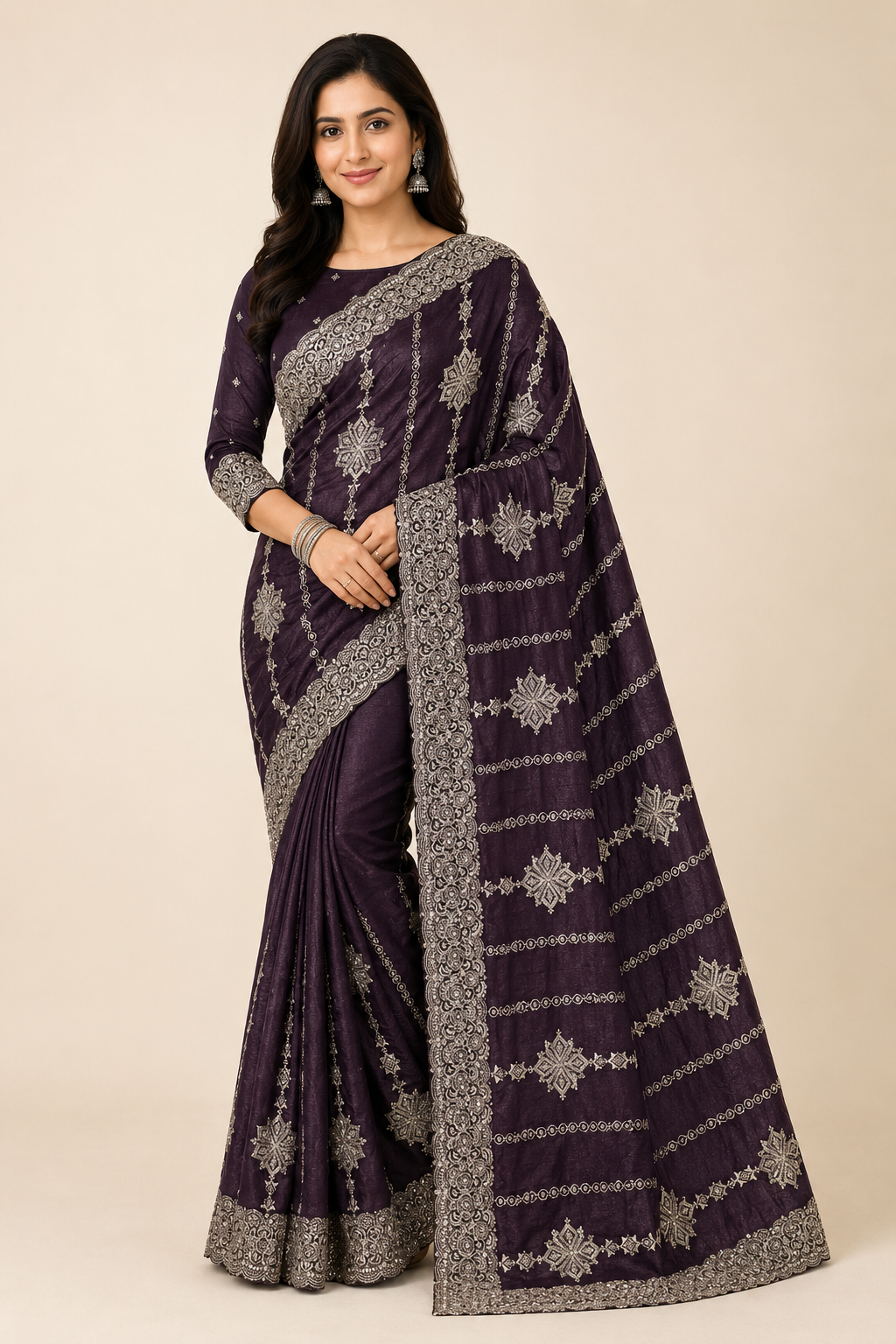 Traditional designer saree by Saree Ghor Charlotte, featuring intricate patterns and vibrant colors for cultural wear.