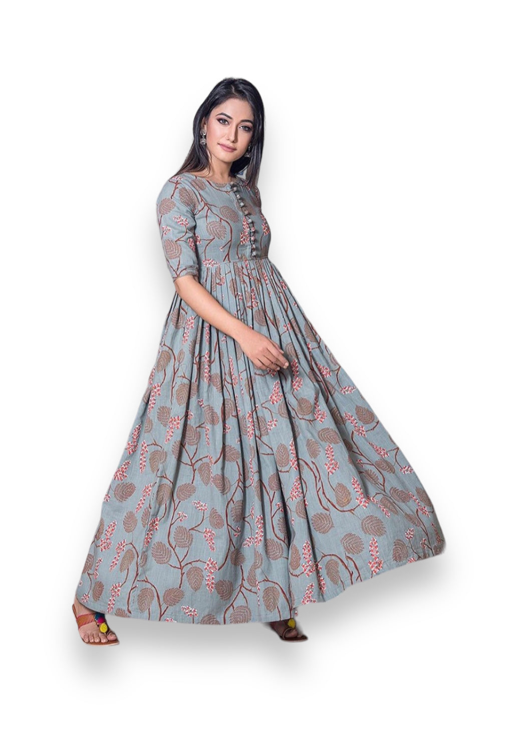 Grey: Pure Muslin Printed Work Gown for a Celestial Glow