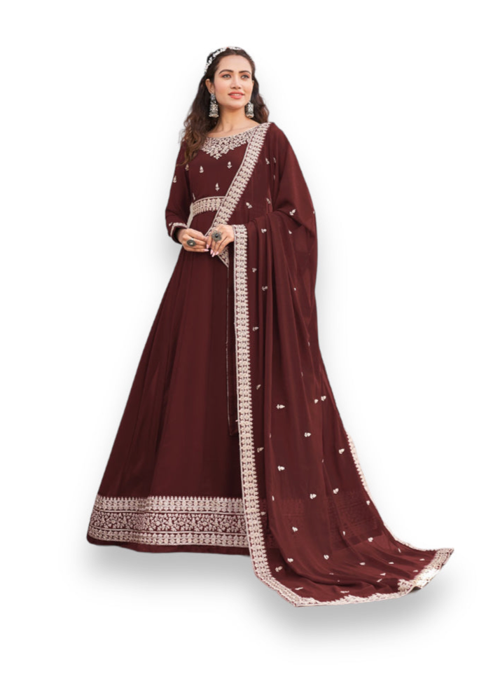 Glamorous Brown Color Faux Georgette Gown with Heavy Work