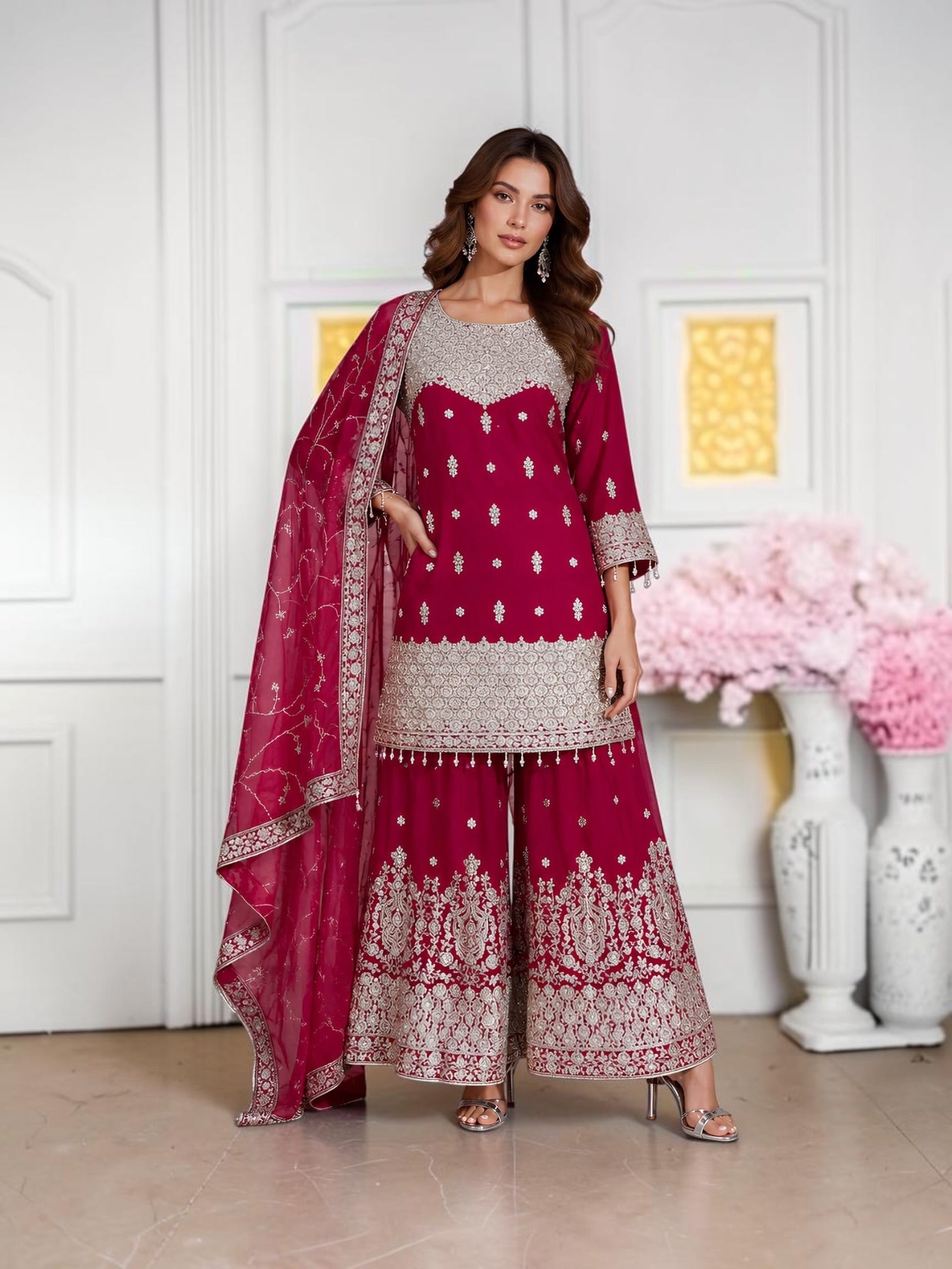 Pink blooming Georgette Russian plazo dress with zari work, traditional salwar kameez style for women, by Saree Ghor Charlotte