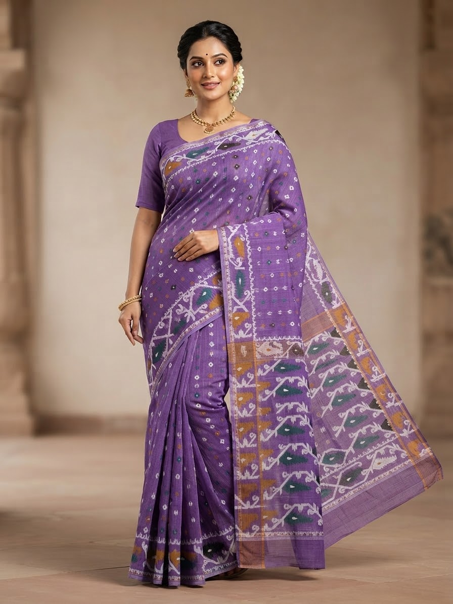 Traditional Dhakai Jamdani saree by Saree Ghor Charlotte featuring intricate patterns, cultural wear for women in vibrant fabric.